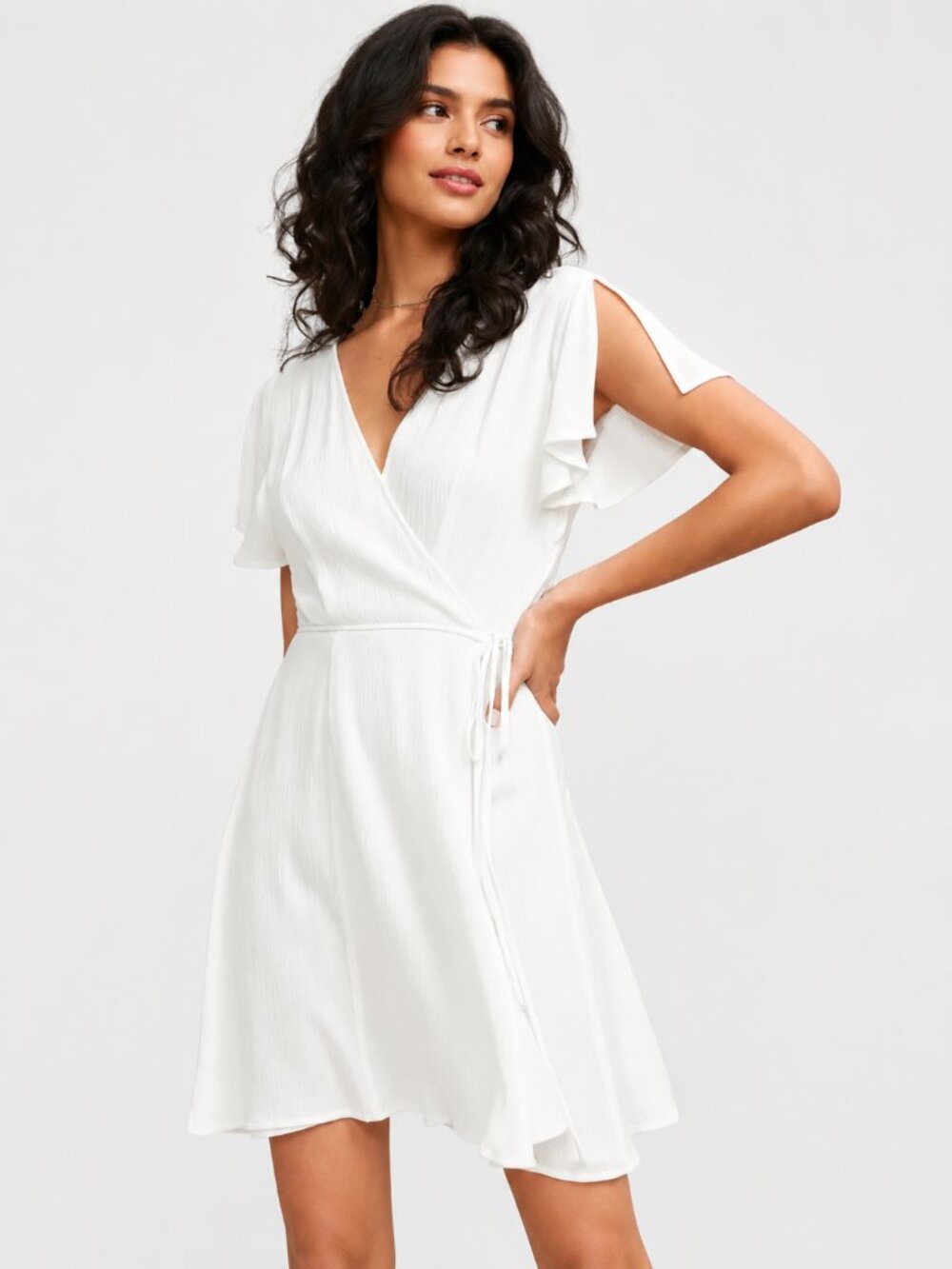 LULUS Harbor Point Wrap Mini Dress White Sz XS Flutter Sleeve Ruffle Bridal